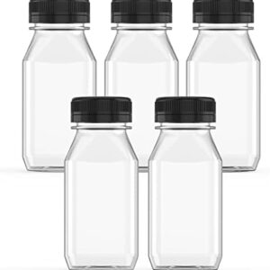 5 Pcs 5 oz Plastic Juice Bottle Reusable Transparent Bulk Beverage Containers for Juice, Milk And Other With Black Lids