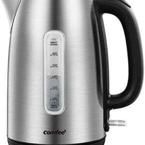 COMFEE’ Stainless Steel Cordless Electric Kettle. 1500W Fast Boil with LED Light, Auto Shut-Off and Boil-Dry Protection. 1.7 Liter