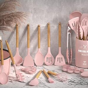 Kitchen Cooking Utensils Set, Umite Chef 33 pcs Non-stick Silicone Cooking Spatula Set with Holder, Wooden Handle Silicone Kitchen Gadgets Utensil Set (Pink)