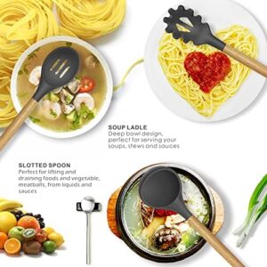 14 Pcs Silicone Cooking Utensils Kitchen Utensil Set – 446°F Heat Resistant,Turner Tongs, Spatula, Spoon, Brush, Whisk, Wooden Handle Gray Kitchen Gadgets with Holder for Nonstick Cookware (BPA Free)