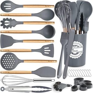 33 PCS Kitchen Utensils Set, Kikcoin Wood Handle Silicone Cooking Utensils Set with Holder, Spatulas Silicone Heat Resistant Cooking Gadgets for Nonstick Cookware, Grey
