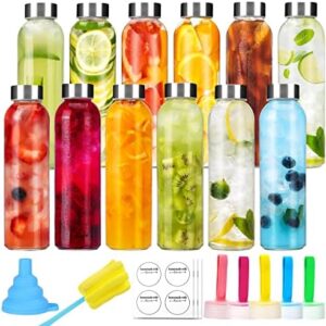 CUCUMI 12pcs 18oz Glass Water Bottles with Stainless Steel Lids, Reusable Glass Juice Bottles Bulk with Funnel, Stickers, Brush and 12pcs Replaceable Caps for Storing Beverages Juice, Kombucha, Kefir
